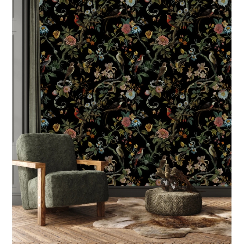 Secret Garden Night Botanical Bird & Snake Wallpaper | Dark Floral Chinoiserie Design