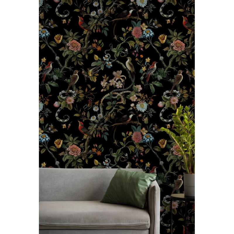 Secret Garden Night Botanical Bird & Snake Wallpaper | Dark Floral Chinoiserie Design