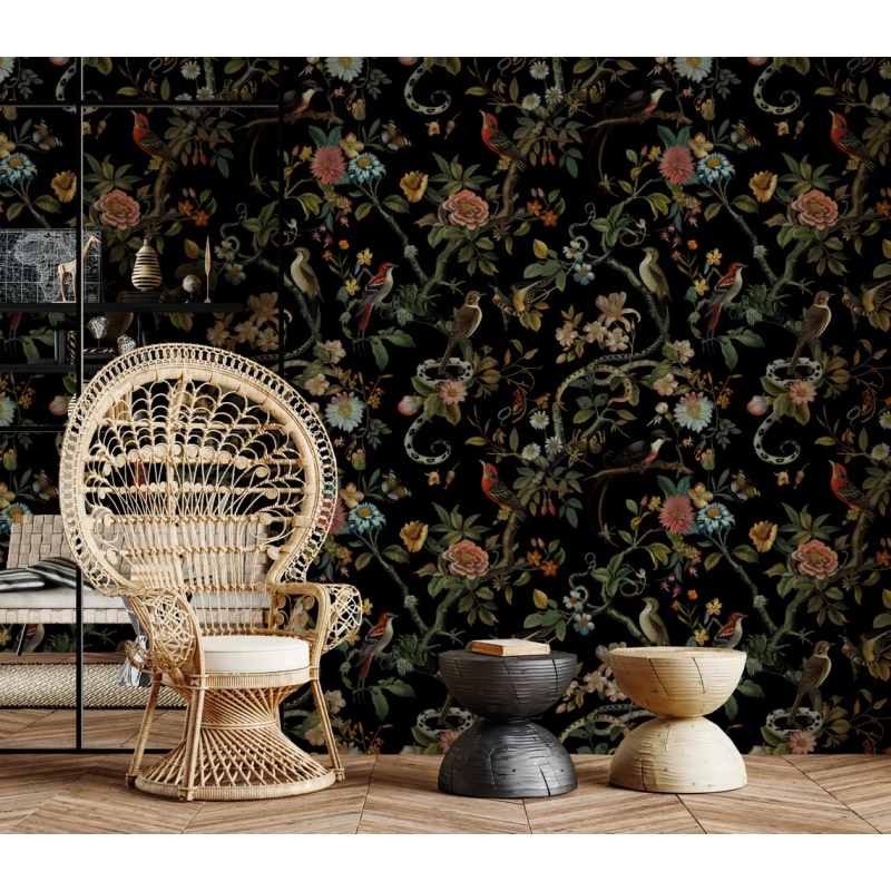 Secret Garden Night Botanical Bird & Snake Wallpaper | Dark Floral Chinoiserie Design