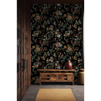Secret Garden Night Botanical Bird & Snake Wallpaper | Dark Floral Chinoiserie Design