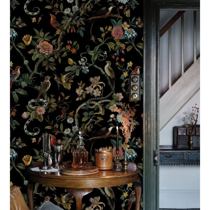 Secret Garden Night Botanical Bird & Snake Wallpaper | Dark Floral Chinoiserie Design