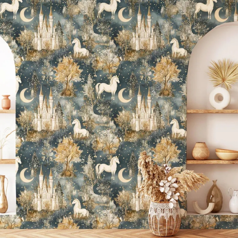 Magical Unicorn Wallpaper, Enchanted Castle Forest Mural, Dreamy Fantasy Nursery Decor, Fairy Tale Wall Art, Removable Wallpaper Mural