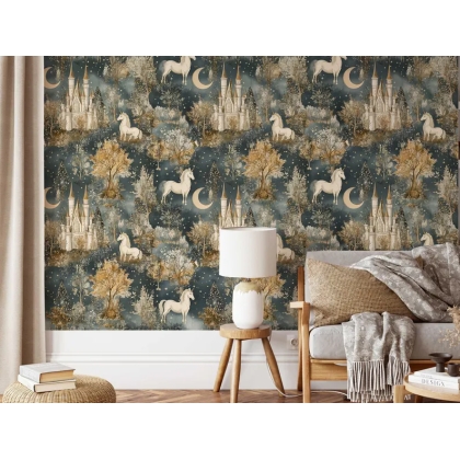 Magical Unicorn Wallpaper, Enchanted Castle Forest Mural, Dreamy Fantasy Nursery Decor, Fairy Tale Wall Art, Removable Wallpaper Mural