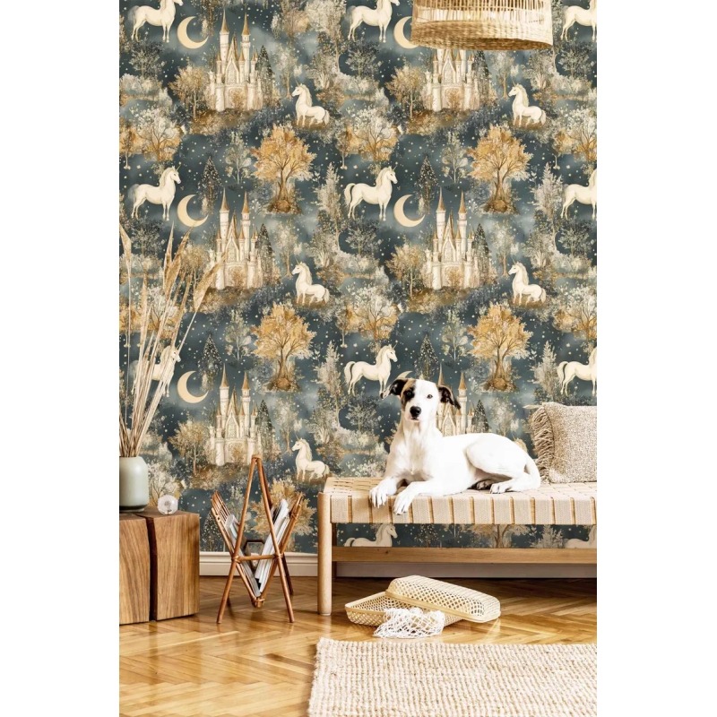 Magical Unicorn Wallpaper, Enchanted Castle Forest Mural, Dreamy Fantasy Nursery Decor, Fairy Tale Wall Art, Removable Wallpaper Mural