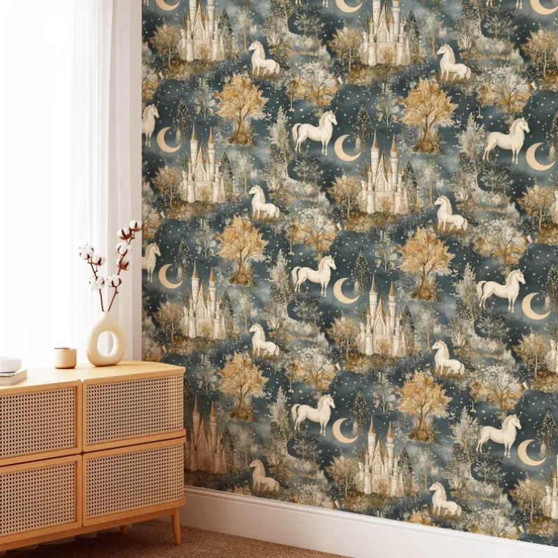 Magical Unicorn Wallpaper, Enchanted Castle Forest Mural, Dreamy Fantasy Nursery Decor, Fairy Tale Wall Art, Removable Wallpaper Mural
