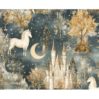 Magical Unicorn Wallpaper, Enchanted Castle Forest Mural, Dreamy Fantasy Nursery Decor, Fairy Tale Wall Art, Removable Wallpaper Mural