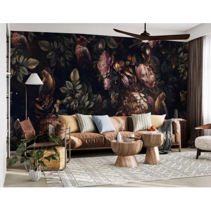 Dark Floral Bird Wallpaper | Botanical Butterfly Wall Mural - Luxury & Vintage Style Wallpaper Mural