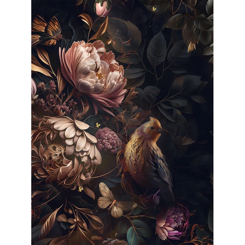Dark Floral Bird Wallpaper | Botanical Butterfly Wall Mural - Luxury & Vintage Style Wallpaper Mural