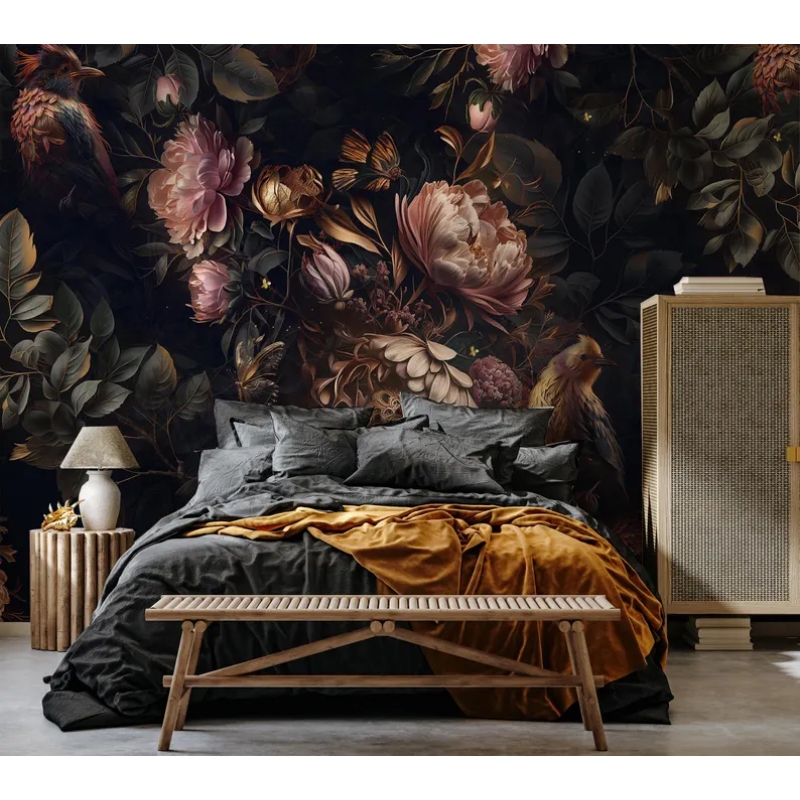 Dark Floral Bird Wallpaper | Botanical Butterfly Wall Mural - Luxury & Vintage Style Wallpaper Mural