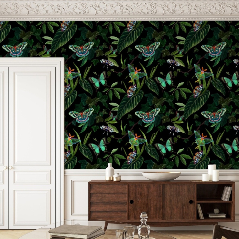 Tropical forest, Exotic butterflies and moths, Realistic botanical Wallpaper 