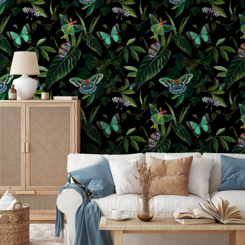 Tropical forest, Exotic butterflies and moths, Realistic botanical Wallpaper 