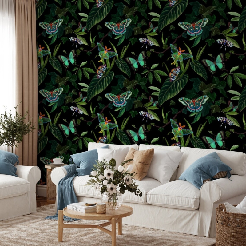 Tropical forest, Exotic butterflies and moths, Realistic botanical Wallpaper 