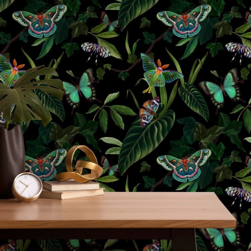 Tropical forest, Exotic butterflies and moths, Realistic botanical Wallpaper 