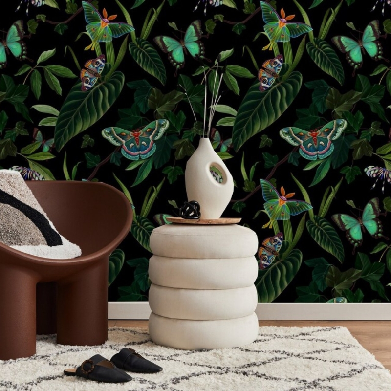 Tropical forest, Exotic butterflies and moths, Realistic botanical Wallpaper 