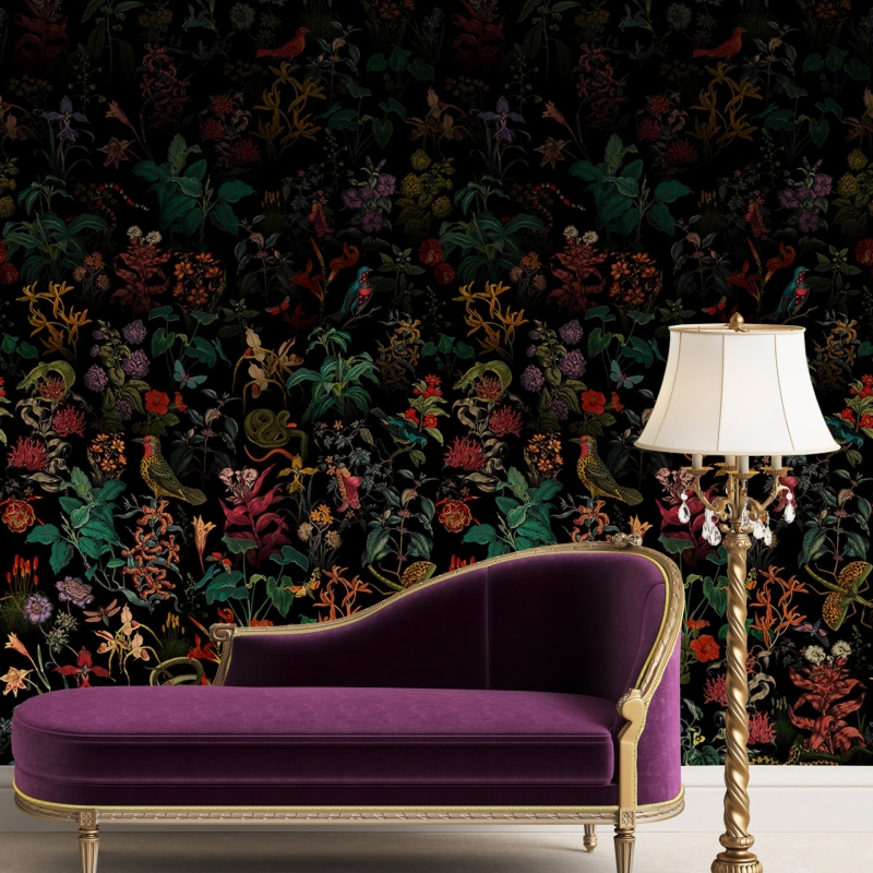 Dark Botanical Wallpaper, Floral Wallpaper Mural