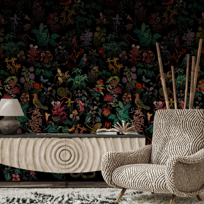Dark Botanical Wallpaper, Floral Wallpaper Mural