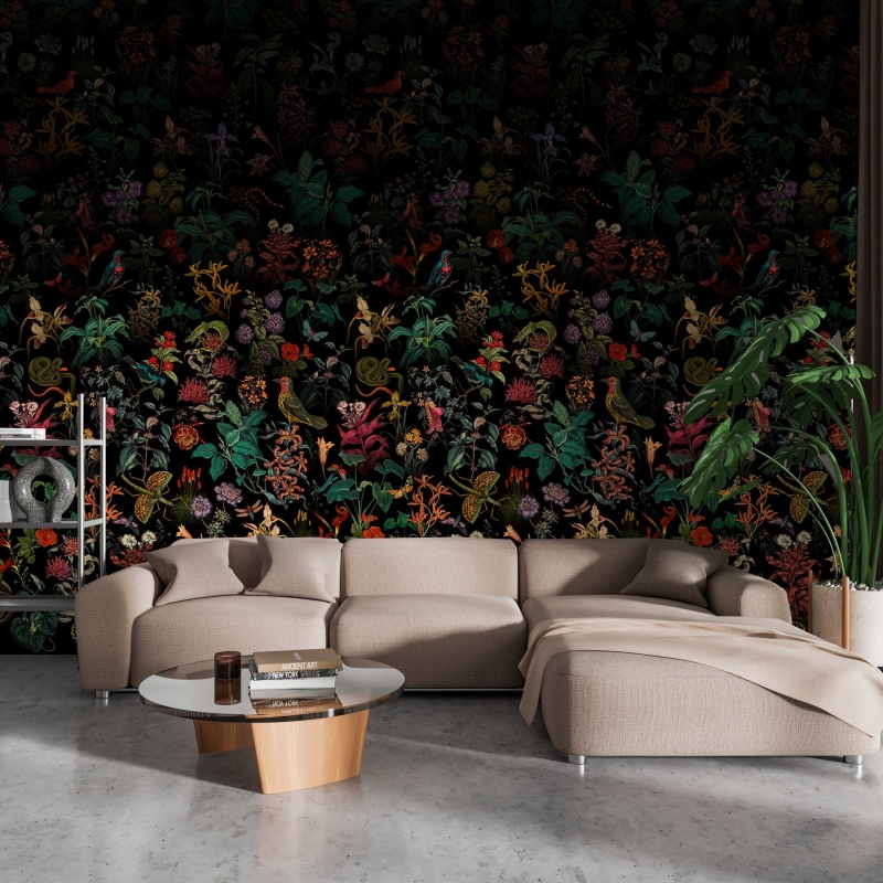 Dark Botanical Wallpaper, Floral Wallpaper Mural