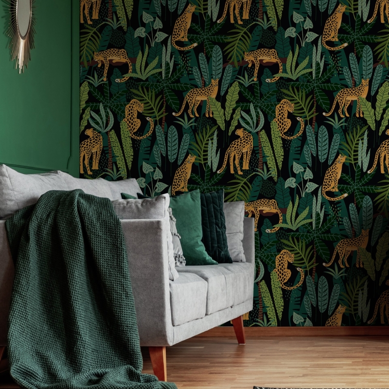 Vintage Botanical Wallpaper Peel and Stick Dark Tropical Plants with Leopard Wall Mural