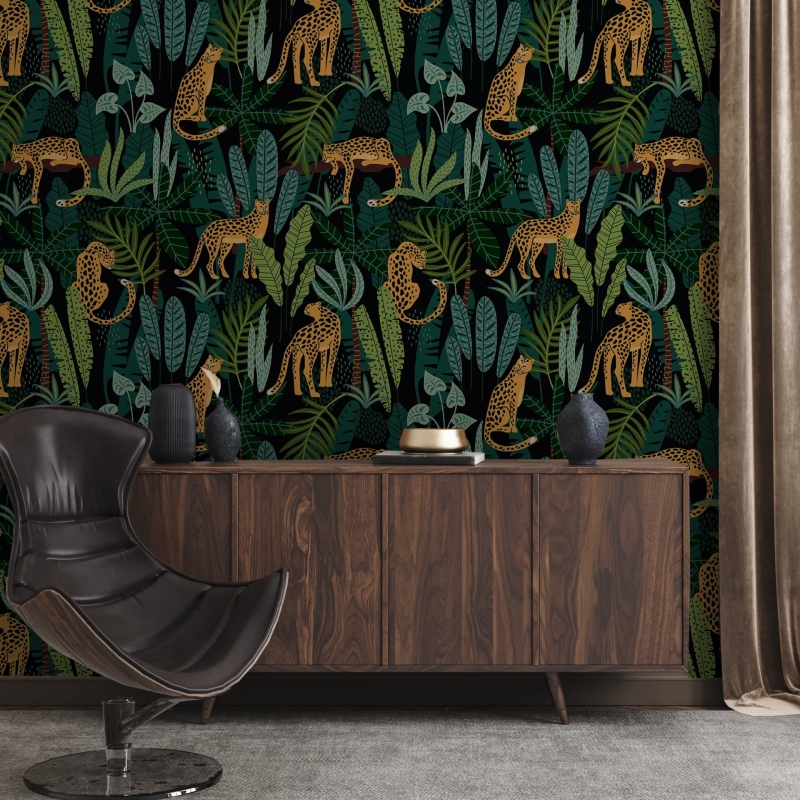 Vintage Botanical Wallpaper Peel and Stick Dark Tropical Plants with Leopard Wall Mural