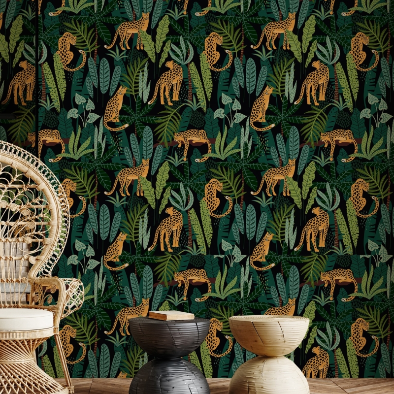 Vintage Botanical Wallpaper Peel and Stick Dark Tropical Plants with Leopard Wall Mural
