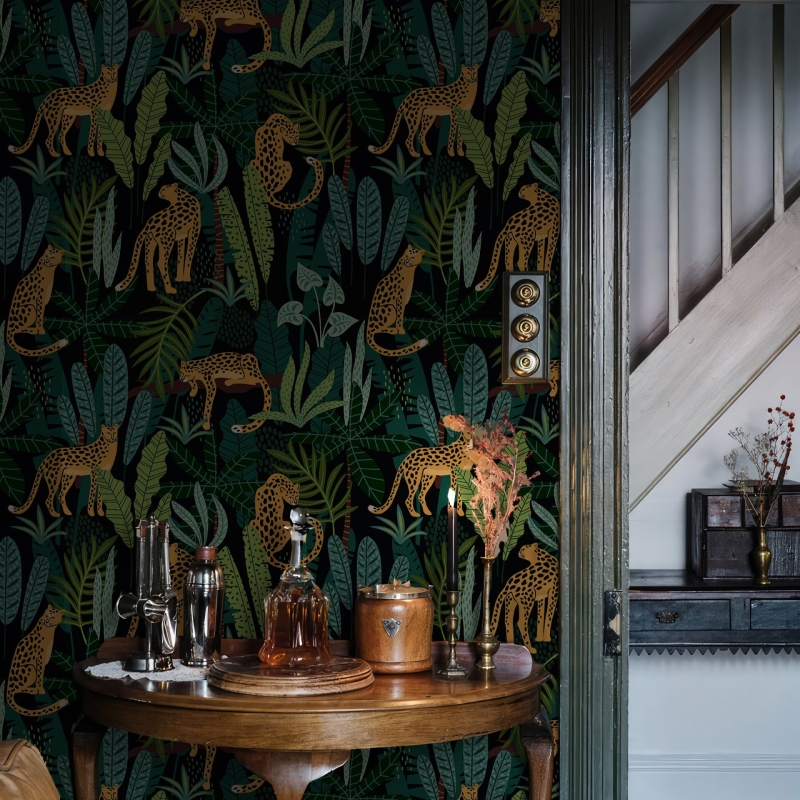 Vintage Botanical Wallpaper Peel and Stick Dark Tropical Plants with Leopard Wall Mural