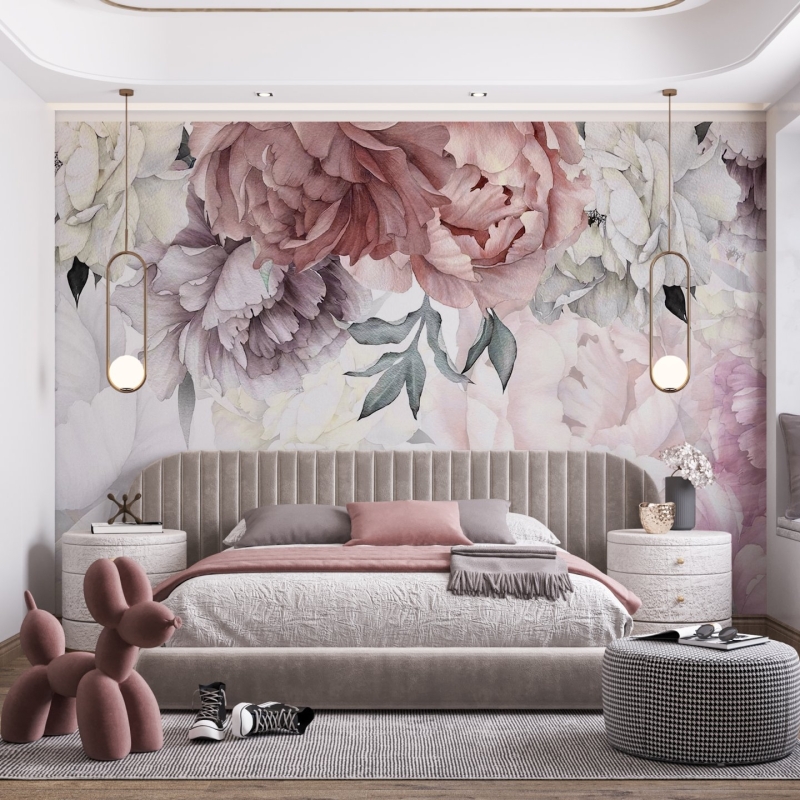 Floral Peony Wallpaper Peel and Stick | Watercolor Soft Floral Wall Mural | Peonies Blossom Wallpaper