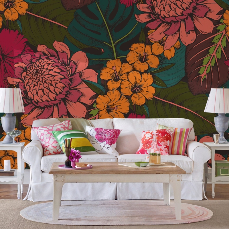 Tropical flowers, palm leaves, jungle plants, paradise bouquet, Peel and Stick Wallpaper, Removable Wallpaper, Temporary Wallpaper