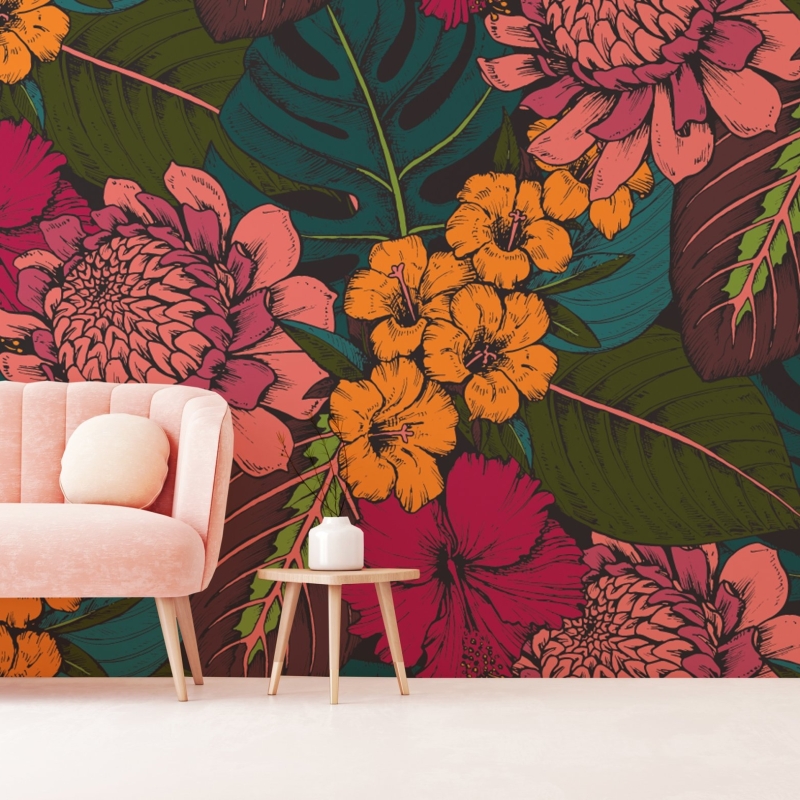 Tropical flowers, palm leaves, jungle plants, paradise bouquet, Peel and Stick Wallpaper, Removable Wallpaper, Temporary Wallpaper