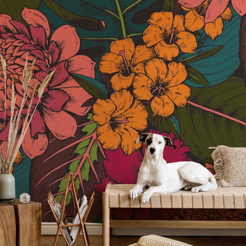 Tropical flowers, palm leaves, jungle plants, paradise bouquet, Peel and Stick Wallpaper, Removable Wallpaper, Temporary Wallpaper