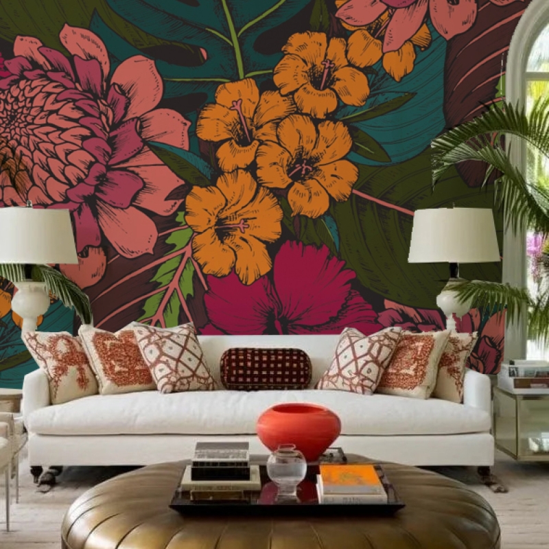Tropical flowers, palm leaves, jungle plants, paradise bouquet, Peel and Stick Wallpaper, Removable Wallpaper, Temporary Wallpaper