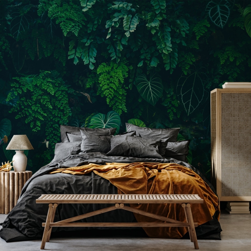 Tropical Monstera Leaves Wallpaper, Dark Forest Peel and Stick wallpaper, green tropical leaves, Peel and Stick, temporary wallpaper
