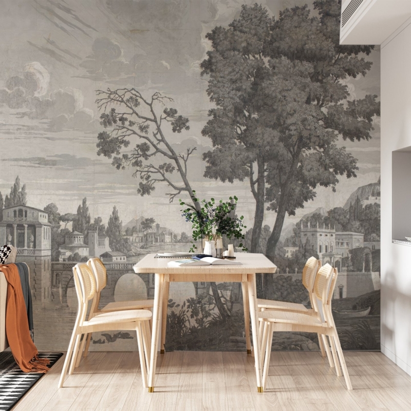 Black and White Landscape Wallpaper Peel and Stick, Removable Wallpaper, old Italian landscape