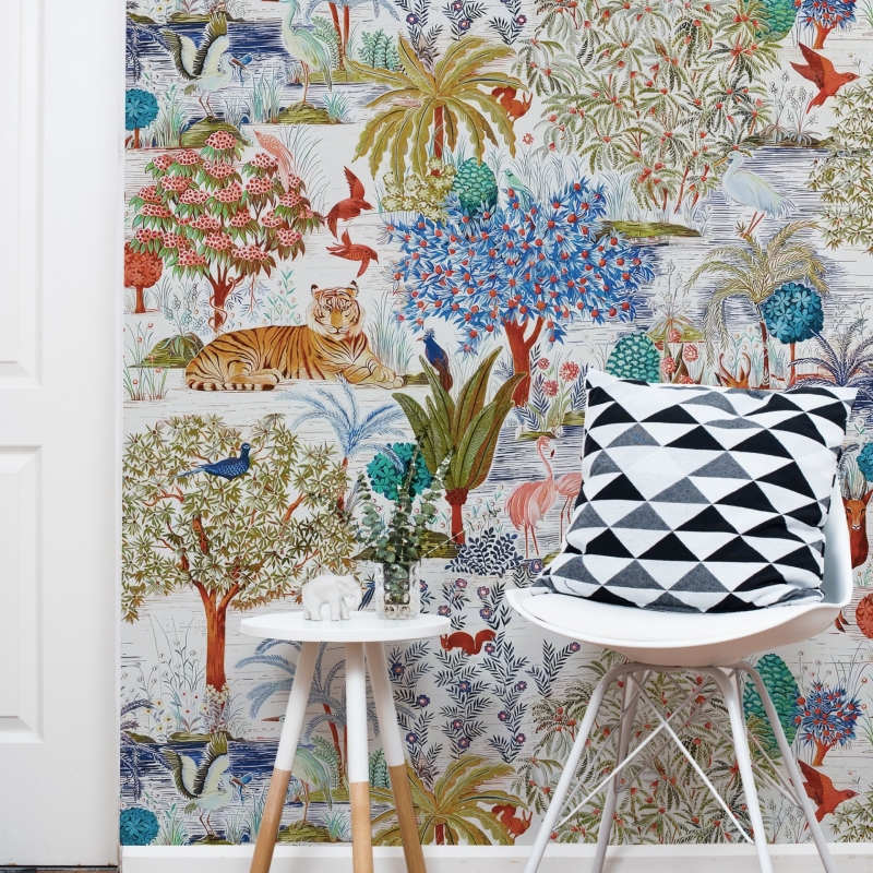 Botanical wallpaper, tiger, birds and plants, removable wall murals