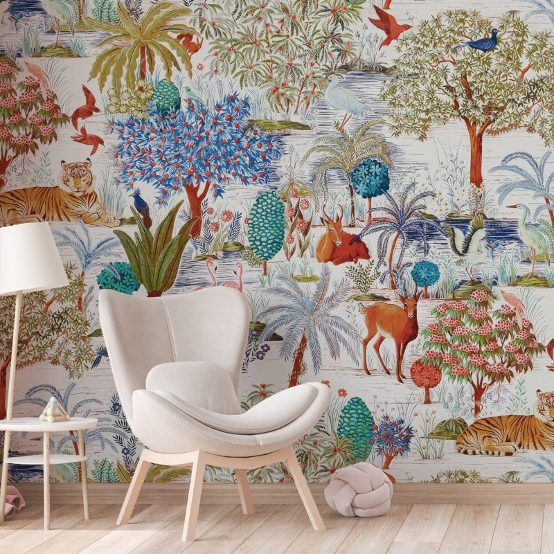 Botanical wallpaper, tiger, birds and plants, removable wall murals