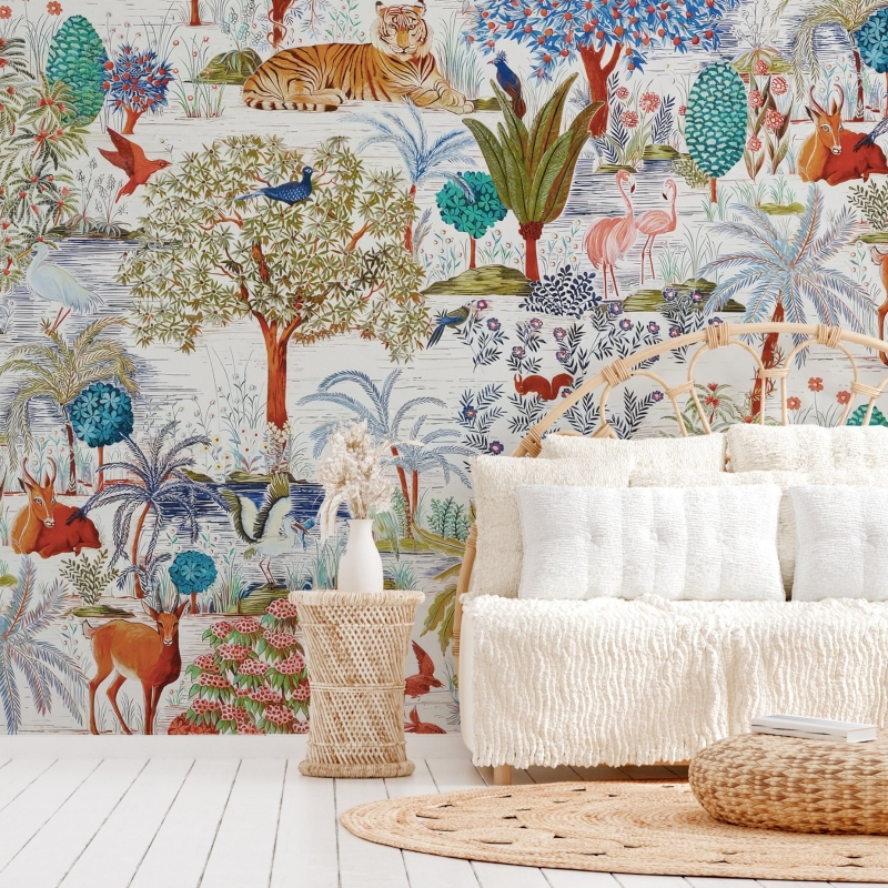 Botanical wallpaper, tiger, birds and plants, removable wall murals