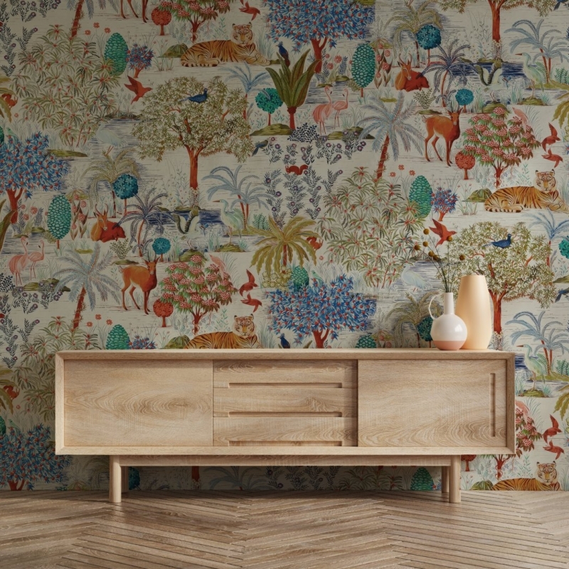 Botanical wallpaper, tiger, birds and plants, removable wall murals