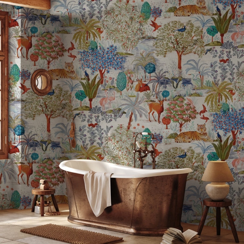 Botanical wallpaper, tiger, birds and plants, removable wall murals