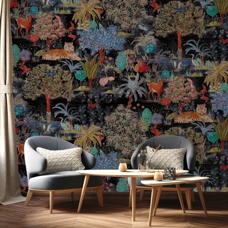 Botanical wallpaper black background, tiger, birds and plants, removable wall murals