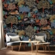 Botanical wallpaper black background, tiger, birds and plants, removable wall murals