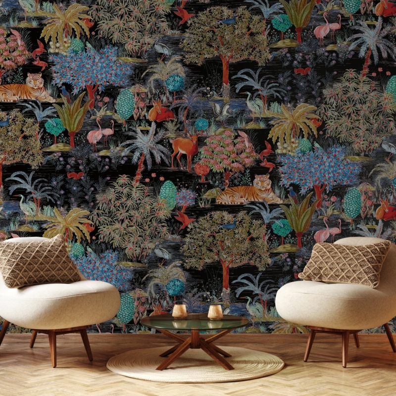 Botanical wallpaper black background, tiger, birds and plants, removable wall murals