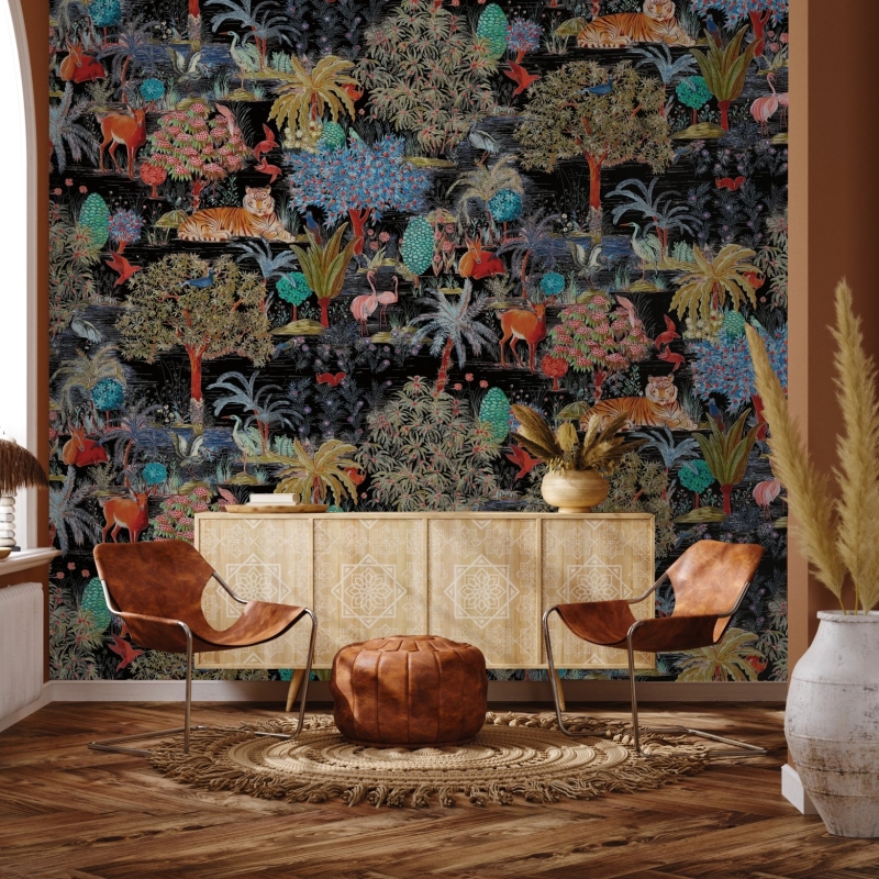 Botanical wallpaper black background, tiger, birds and plants, removable wall murals