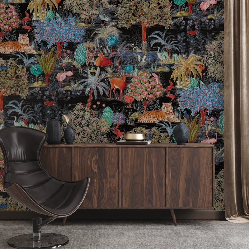 Botanical wallpaper black background, tiger, birds and plants, removable wall murals