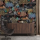 Botanical wallpaper black background, tiger, birds and plants, removable wall murals