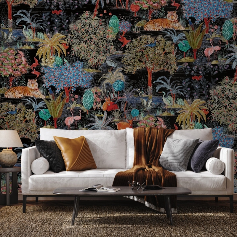 Botanical wallpaper black background, tiger, birds and plants, removable wall murals
