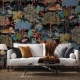 Botanical wallpaper black background, tiger, birds and plants, removable wall murals