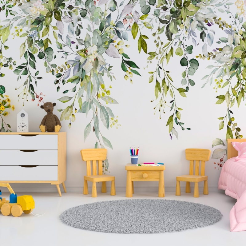 Floral Wallpaper Peel and Stick | Watercolor floral arrangements with leaves and herbs