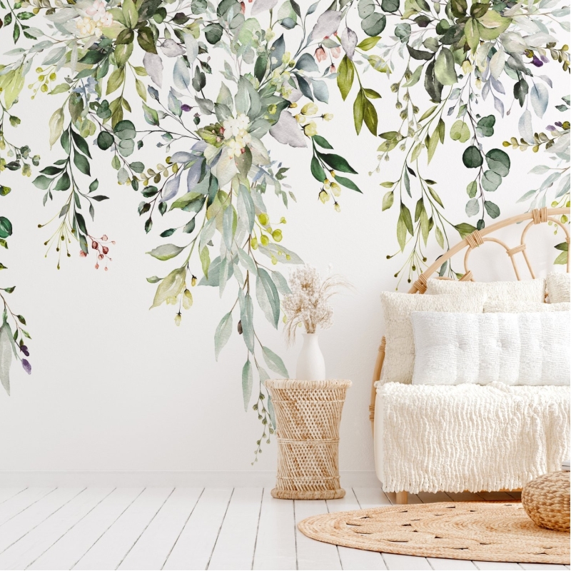 Floral Wallpaper Peel and Stick | Watercolor floral arrangements with leaves and herbs