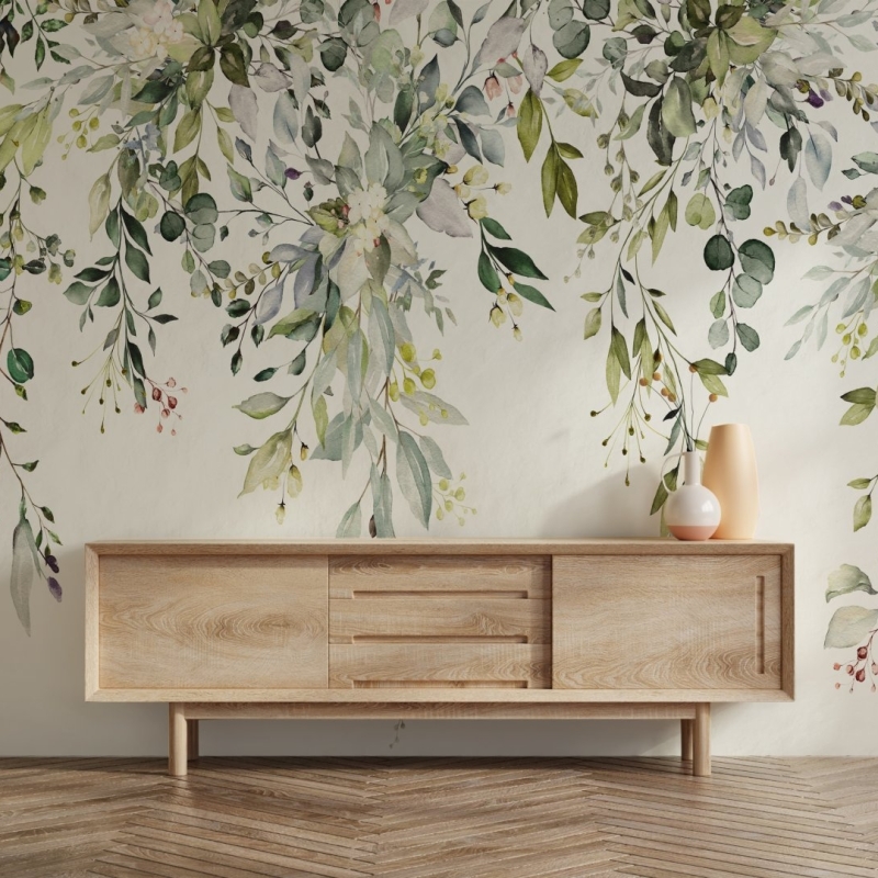 Floral Wallpaper Peel and Stick | Watercolor floral arrangements with leaves and herbs