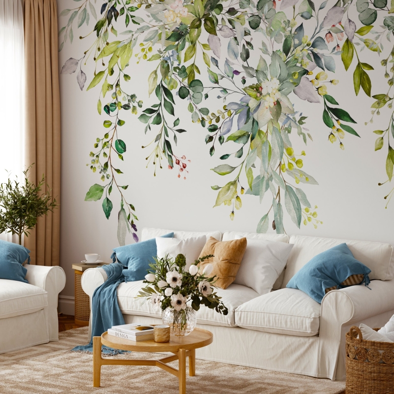 Floral Wallpaper Peel and Stick | Watercolor floral arrangements with leaves and herbs