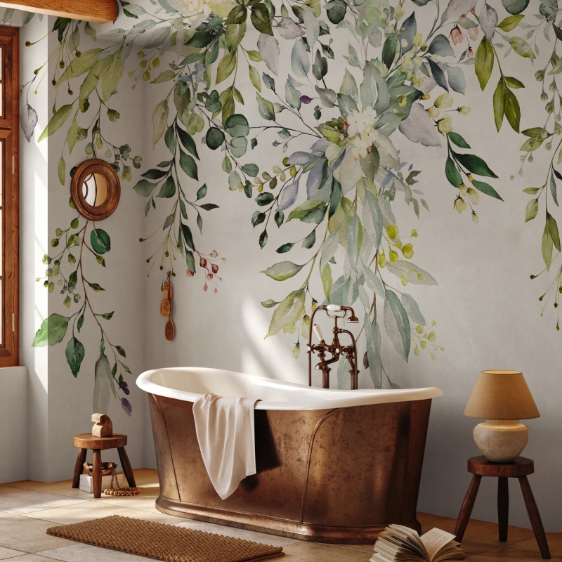 Floral Wallpaper Peel and Stick | Watercolor floral arrangements with leaves and herbs